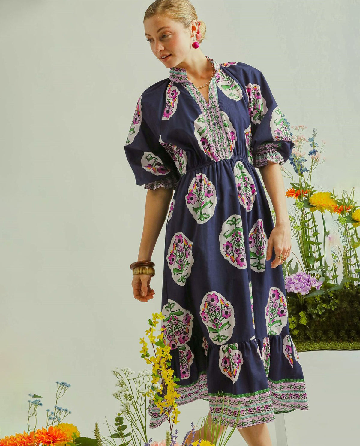 Umgee Flower Patch Border Print V-neck Dress