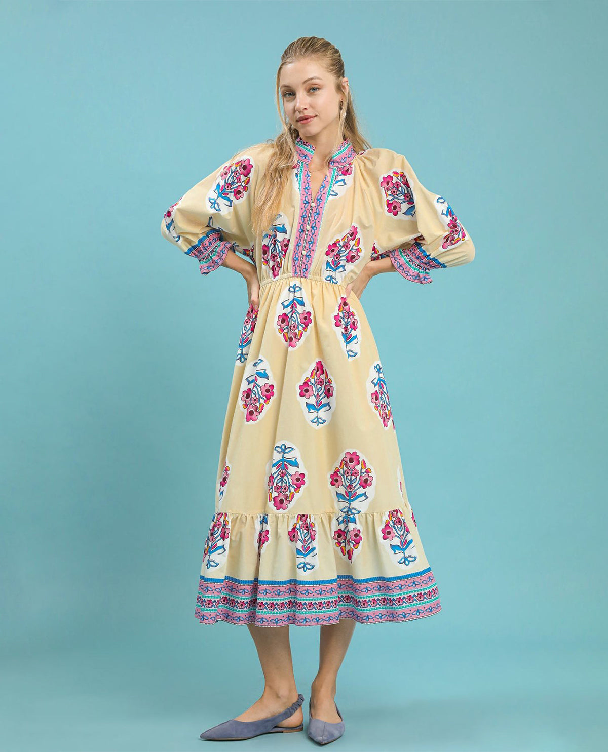 Umgee Flower Patch Border Print V-neck Dress