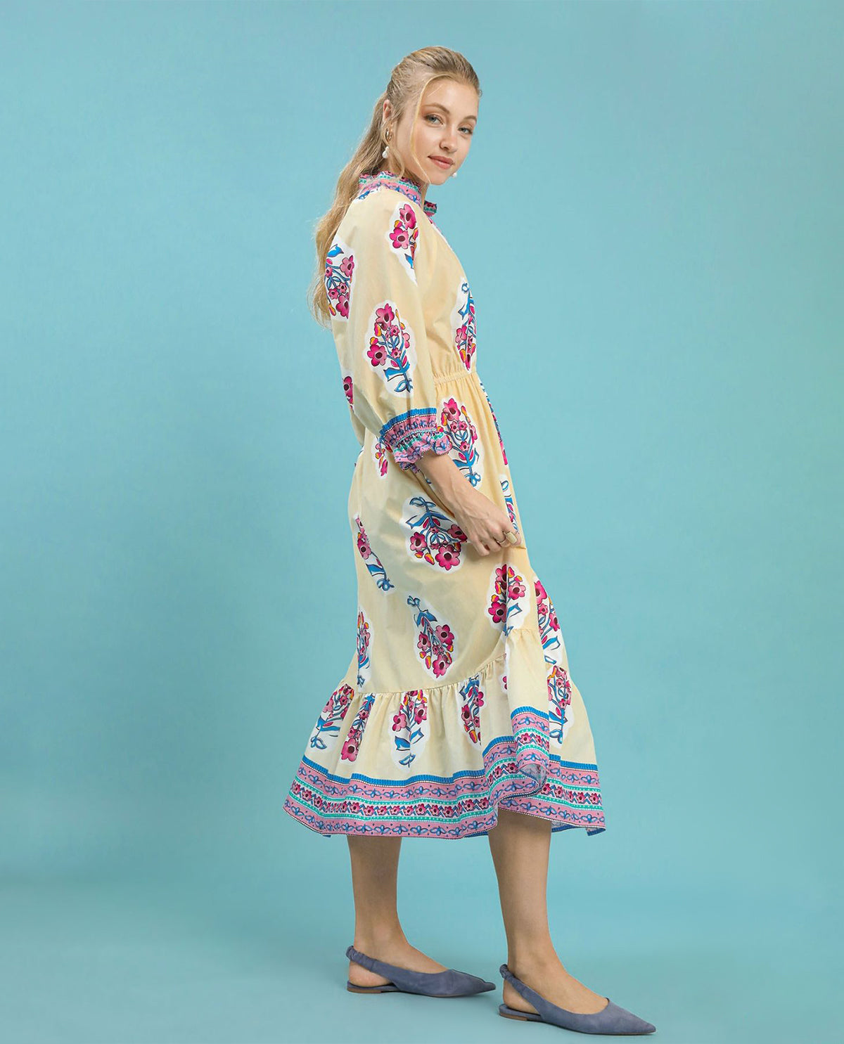 Umgee Flower Patch Border Print V-neck Dress