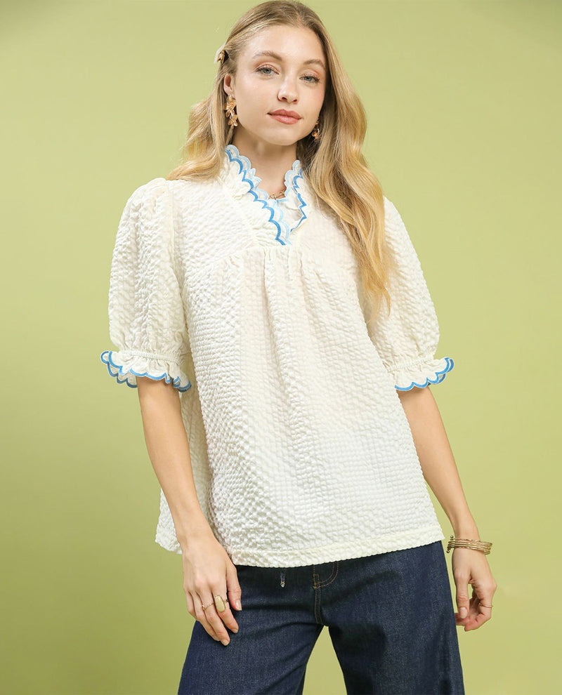 Umgee Solid Textured Puff Sleeve Blouse