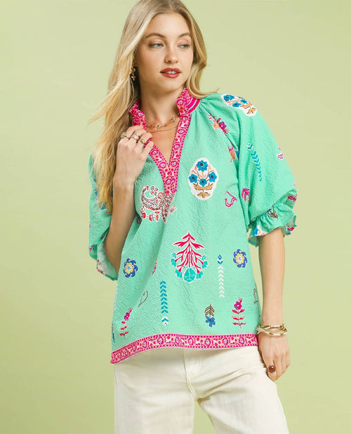 Umgee Floral Print V-Neck Smocked Collar Top