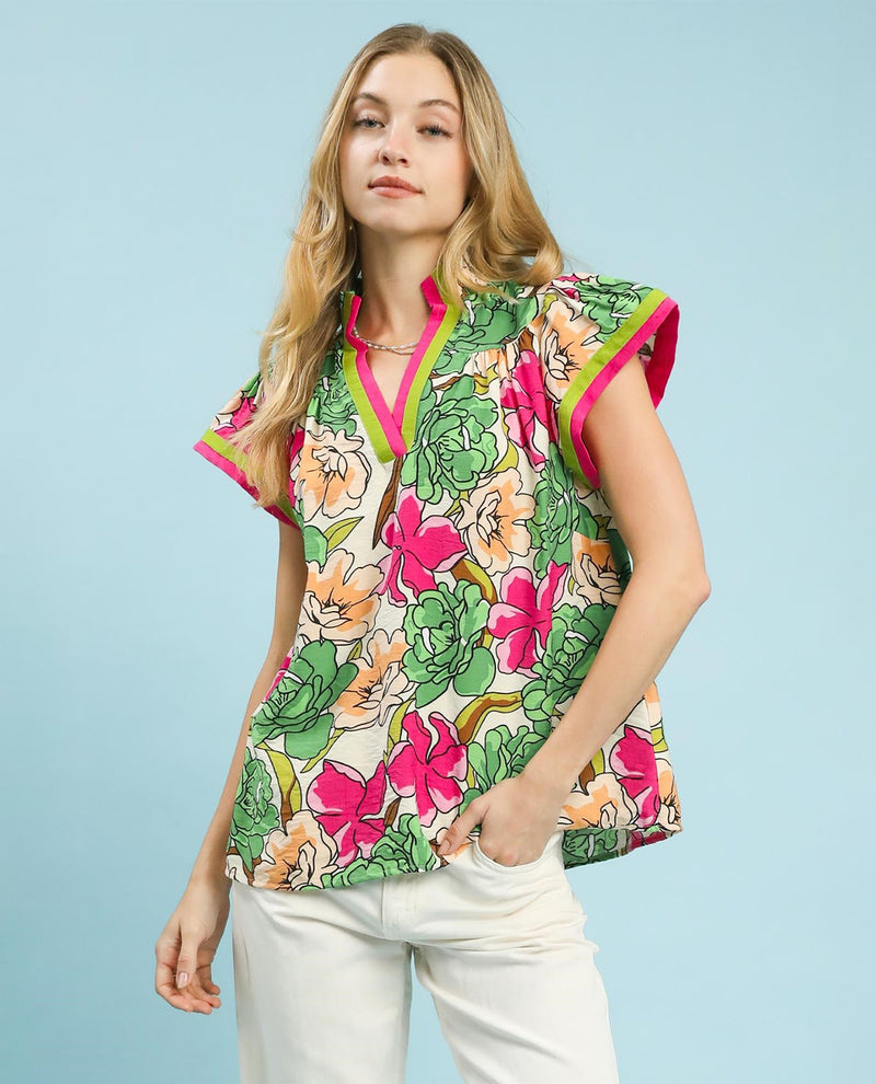 Umgee Bold Floral Print Blouse with Contrast Trim