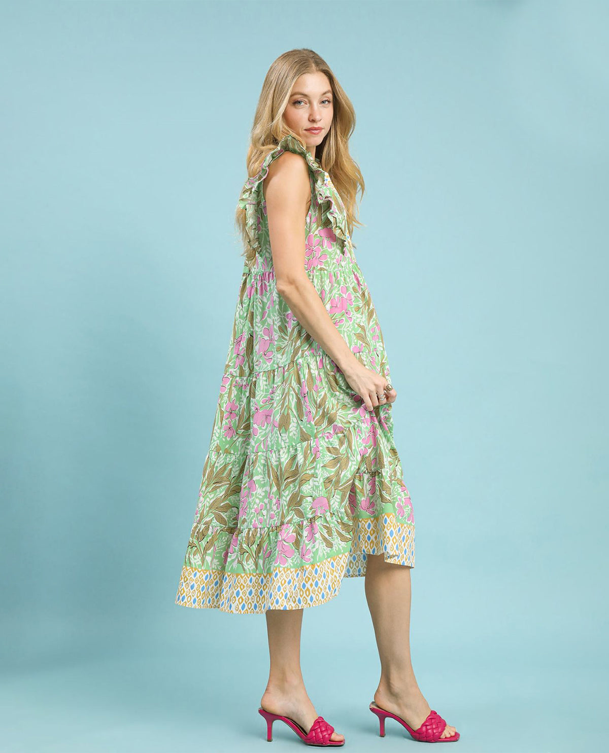 Umgee Mix Floral Tiered Midi Dress with Ruffle Sleeves