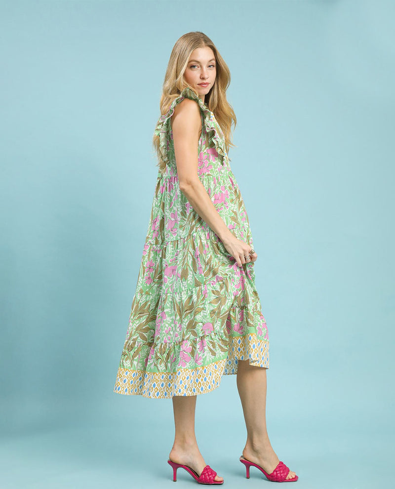 Umgee Mix Floral Tiered Midi Dress with Ruffle Sleeves