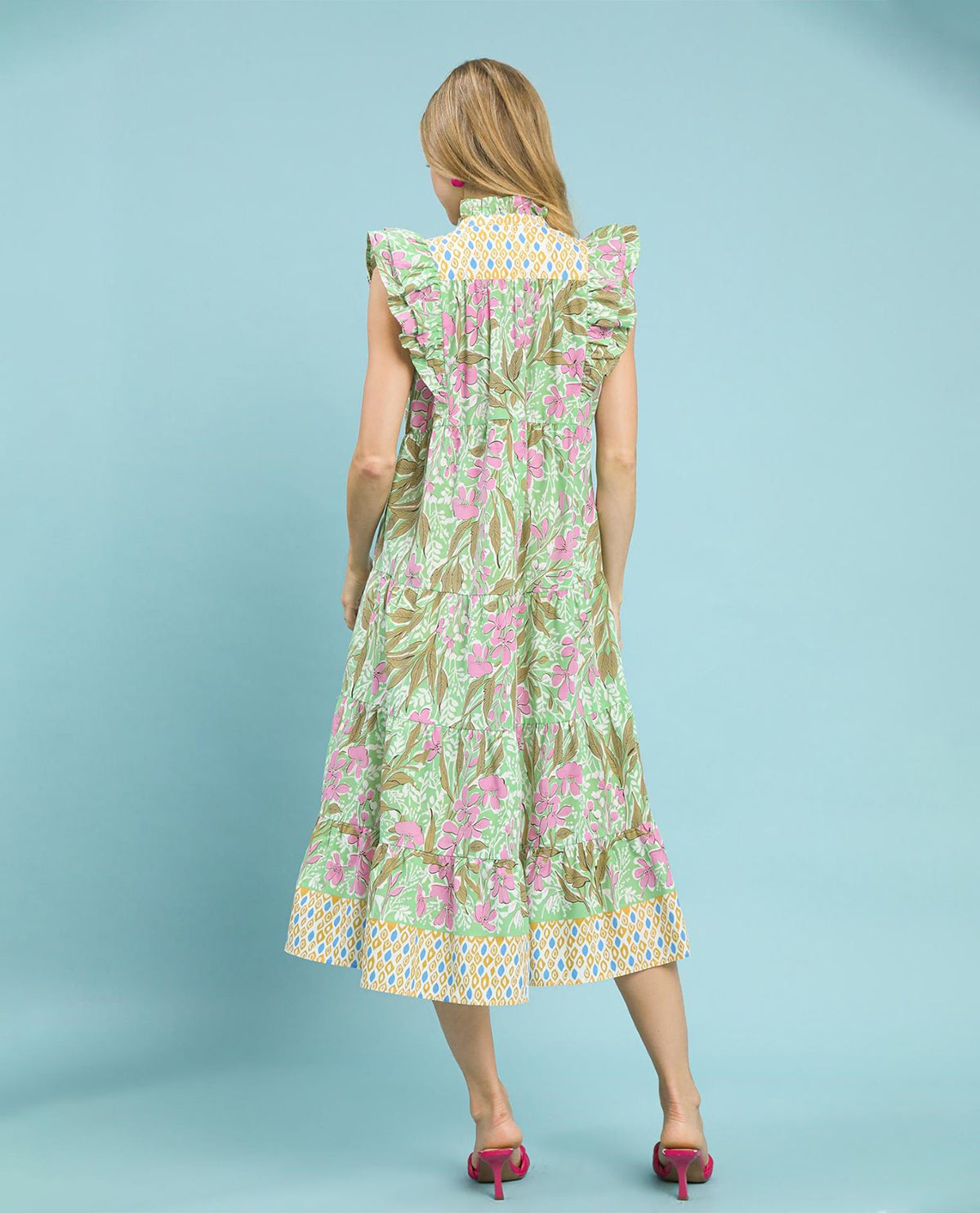 Umgee Mix Floral Tiered Midi Dress with Ruffle Sleeves