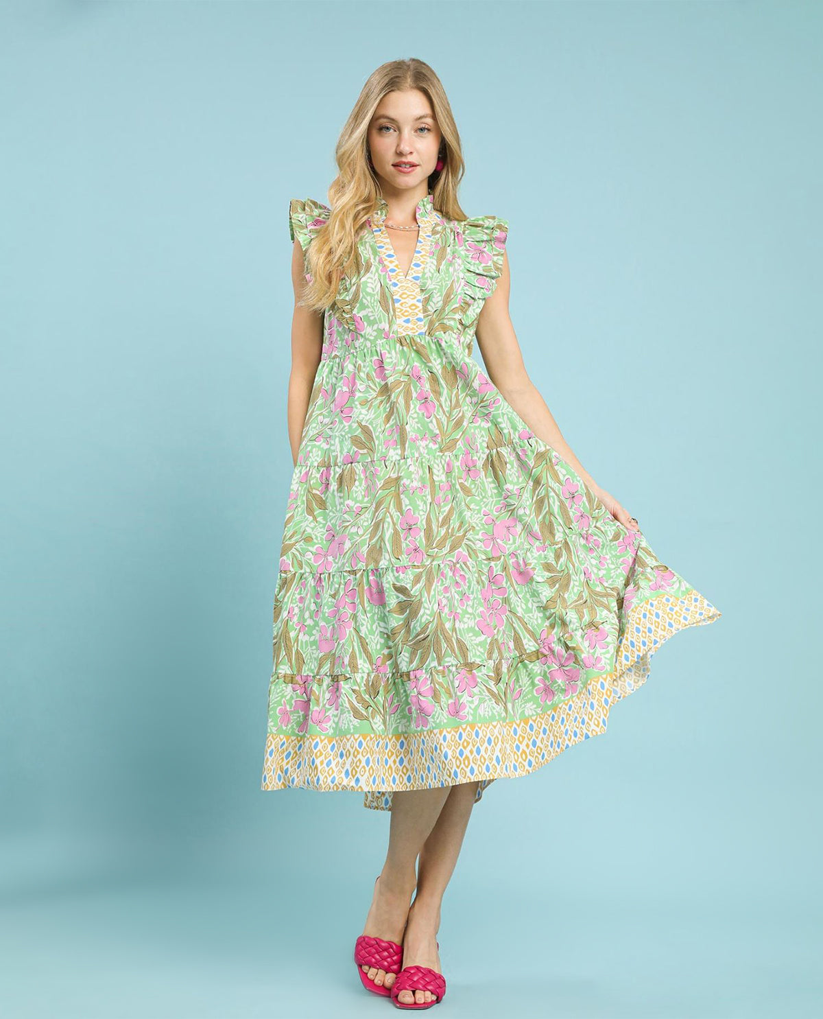 Umgee Mix Floral Tiered Midi Dress with Ruffle Sleeves