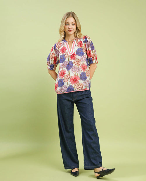Umgee Flower Print Top with Short Puff Sleeves