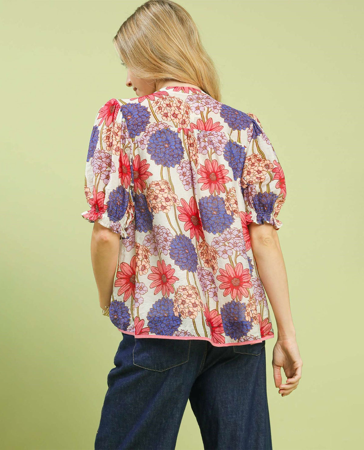 Umgee Flower Print Top with Short Puff Sleeves