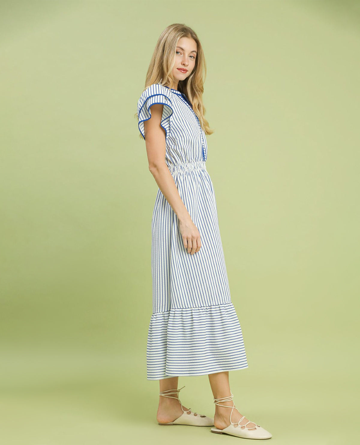 Umgee Stripe Midi Dress with Flutter Sleeves