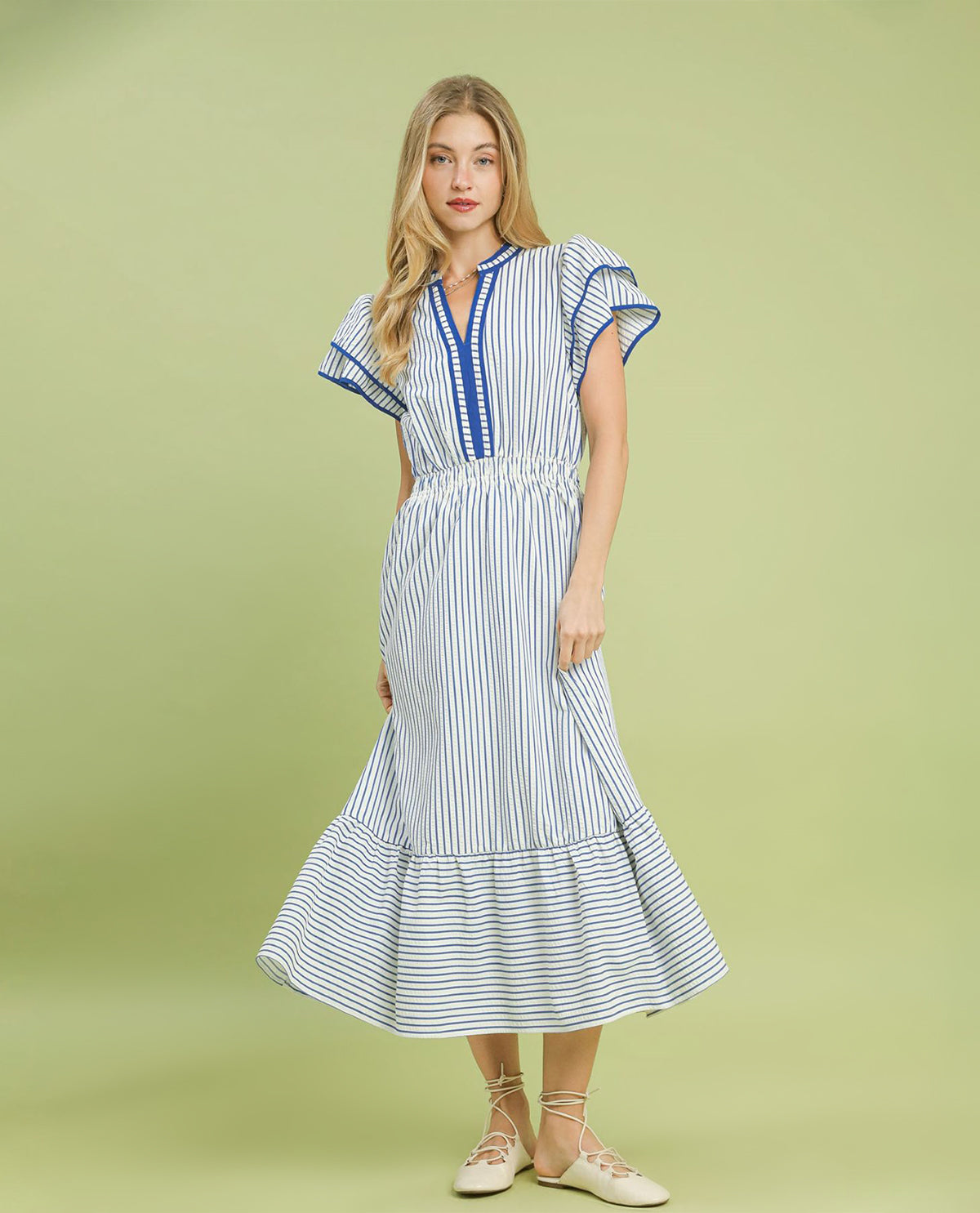 Umgee Stripe Midi Dress with Flutter Sleeves
