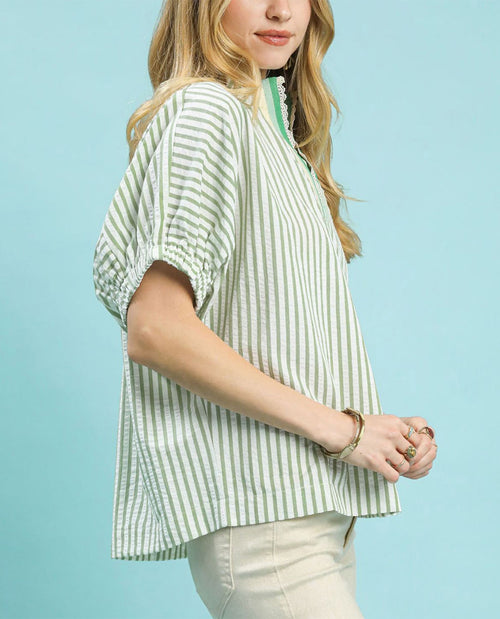 Umgee Stripe Lace Trim Pleated V-Neck Top