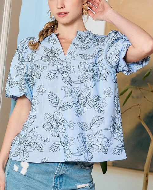 Umgee Embroidered Floral Print Blouse