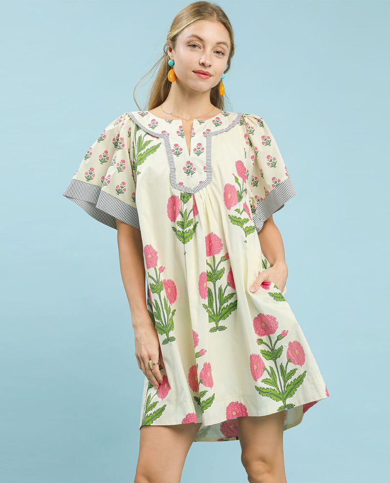Umgee Floral Print V-Neck Dress