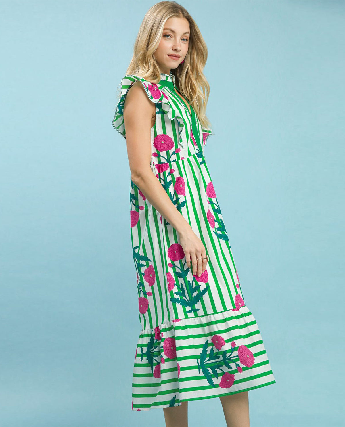 Umgee Mixed Stripe Floral Dress Green