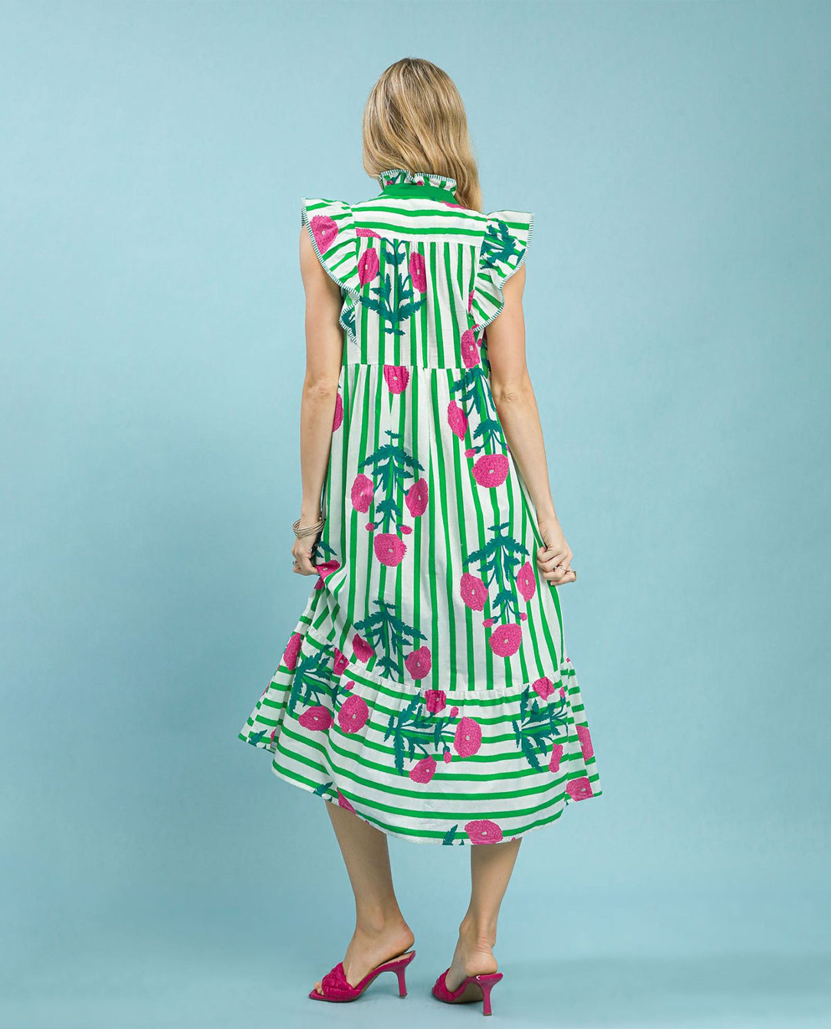 Umgee Mixed Stripe Floral Dress Green