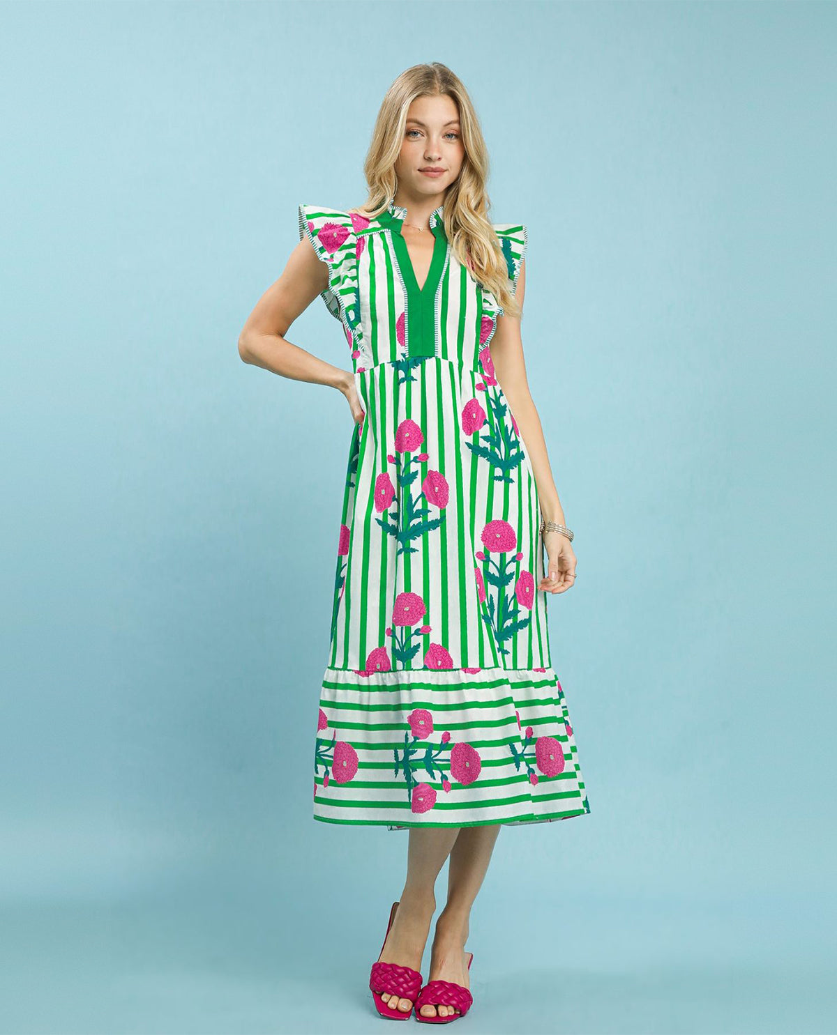 Umgee Mixed Stripe Floral Dress Green
