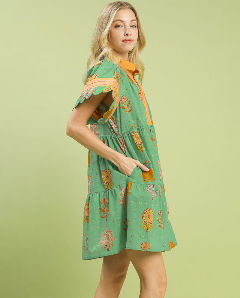 Umgee V-Neck Floral Dress Green