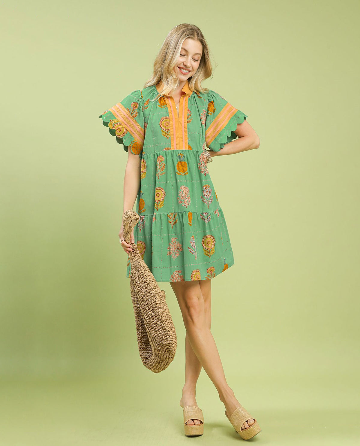 Umgee Vneck Floral Dress Green