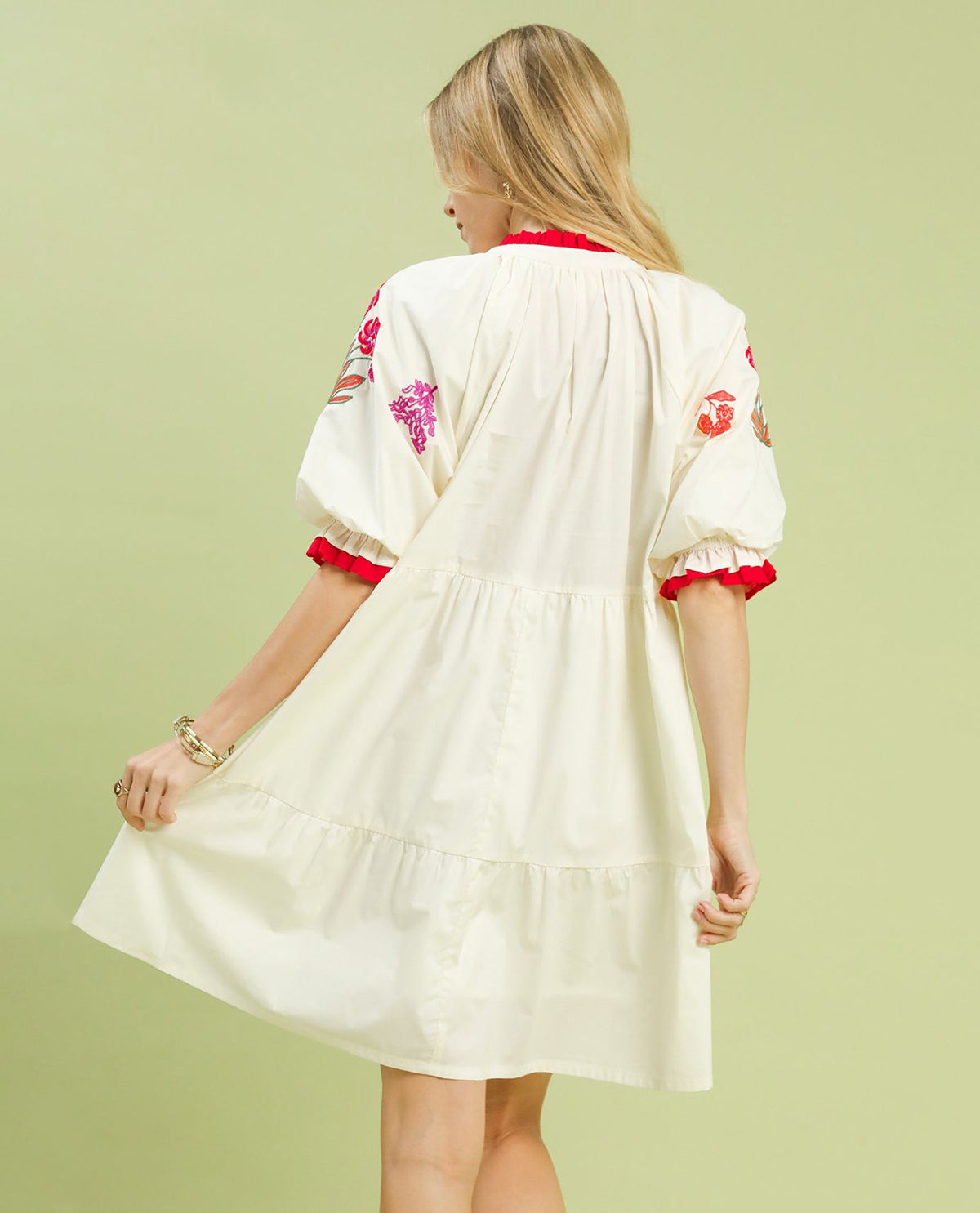 Umgee Bubble Sleeve Embroided Dress Ivory