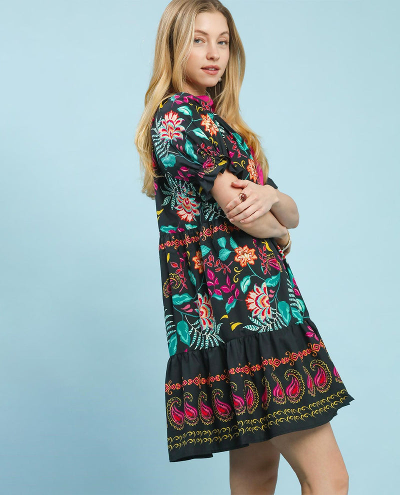 Umgee Print Dress With Contrast Collar Black