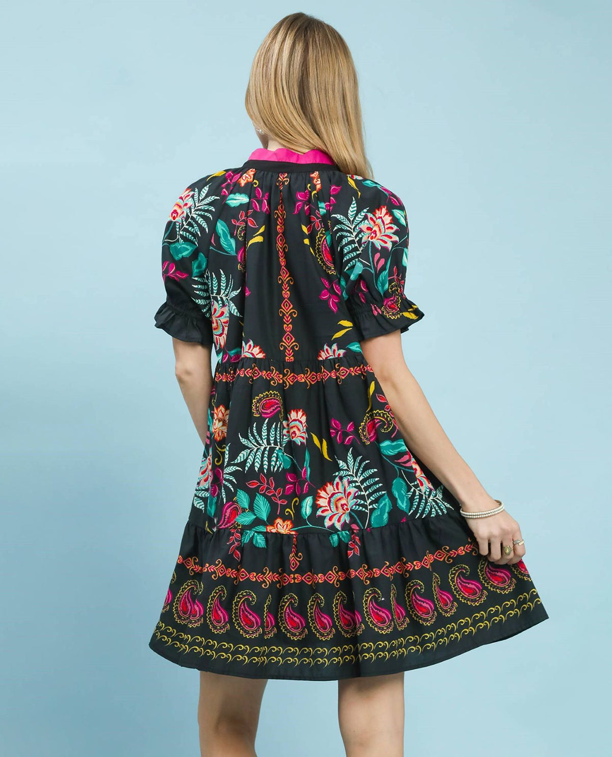 Umgee Print Dress With Contrast Collar Black