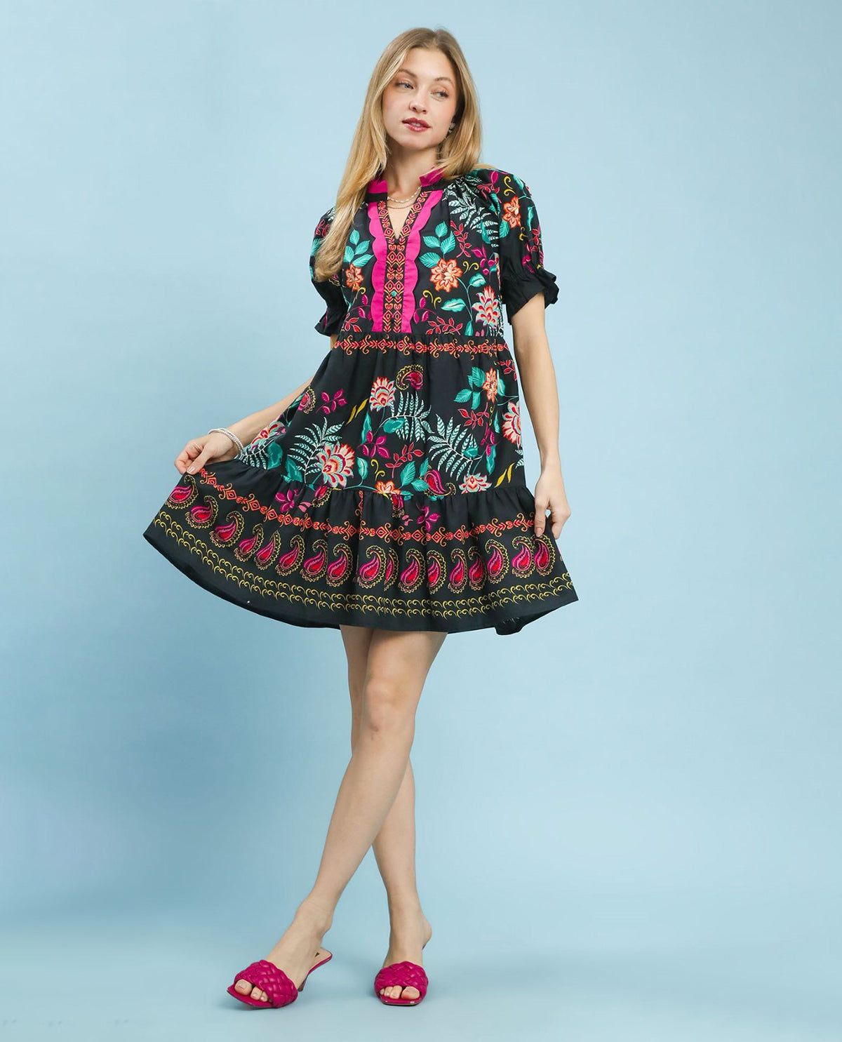 Umgee Print Dress With Contrast Collar Black