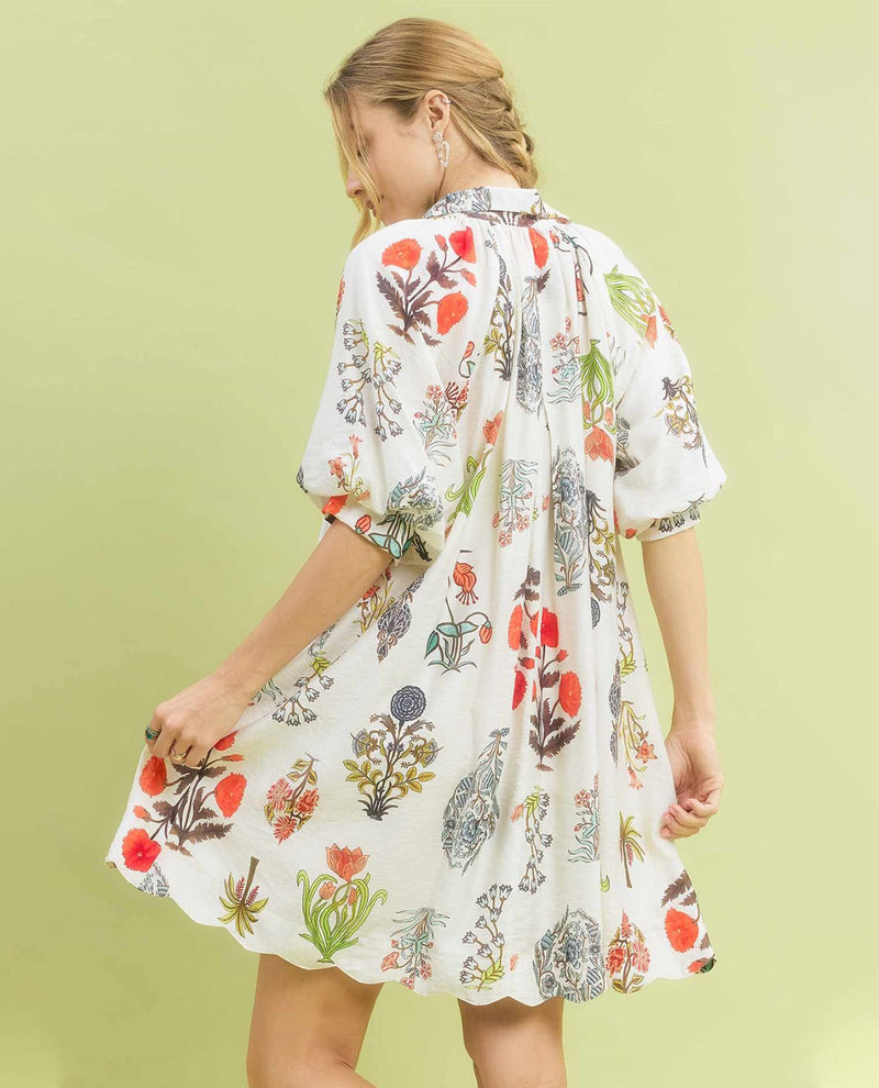 Umgee Floral Encyclopedia Print Mini Dress White