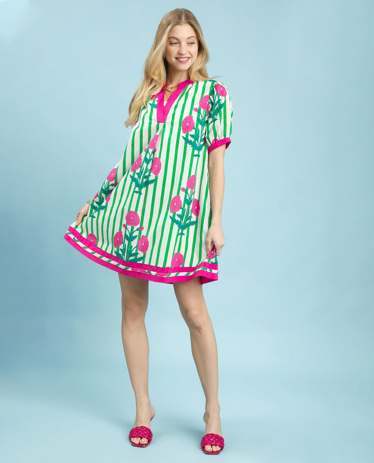 Umgee Mixed Floral Stripe Dress Green/Pink