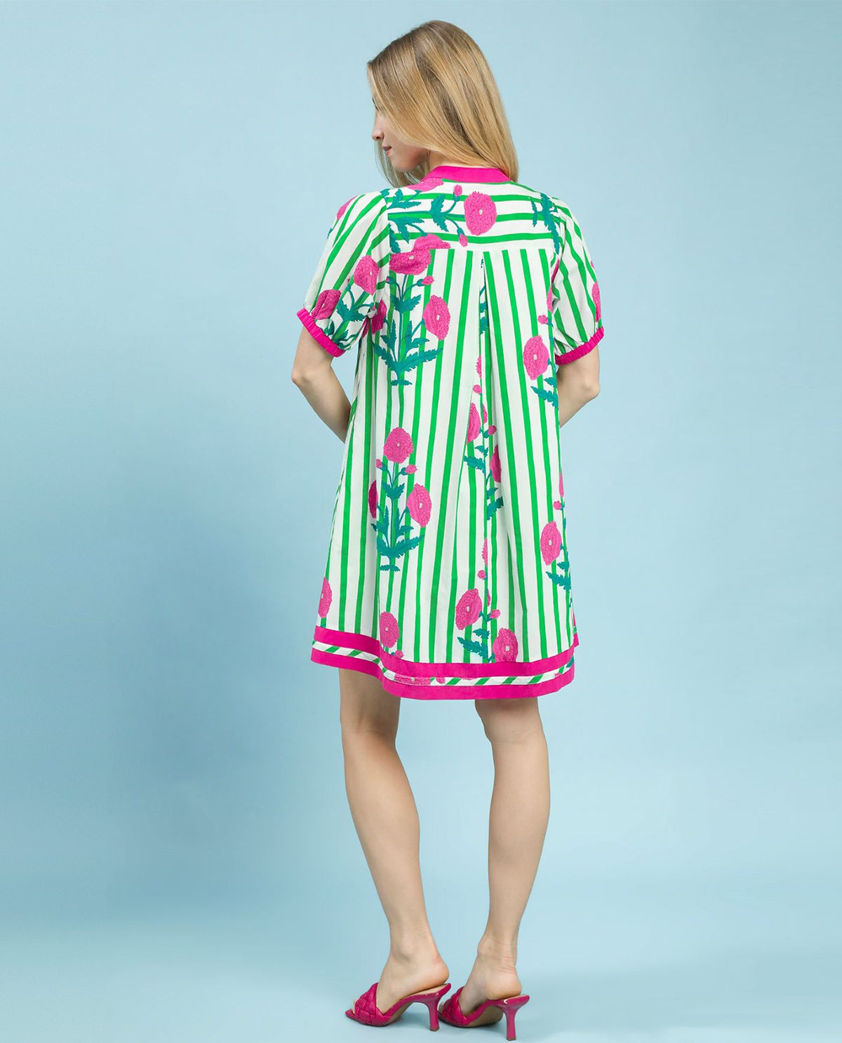 Umgee Mixed Floral Stripe Dress Green/Pink