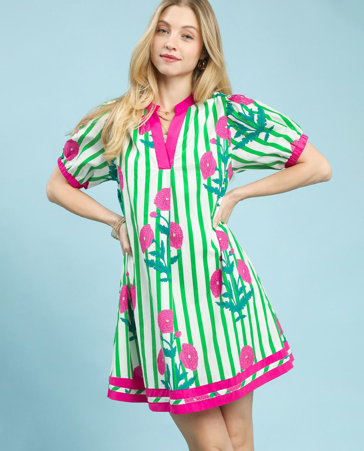 Umgee Mixed Floral Stripe Dress Green/Pink