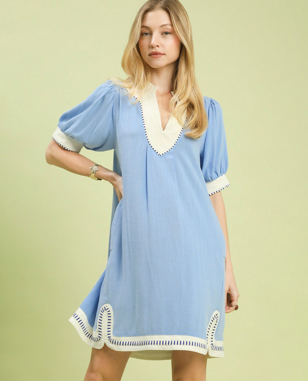 Umgee Linen Contrast Trim Dress Light Blue
