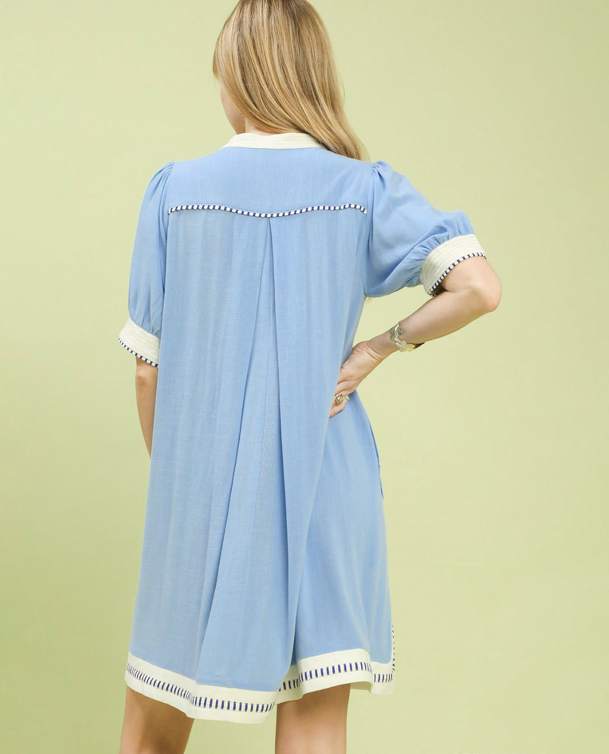 Umgee Linen Contrast Trim Dress Light Blue
