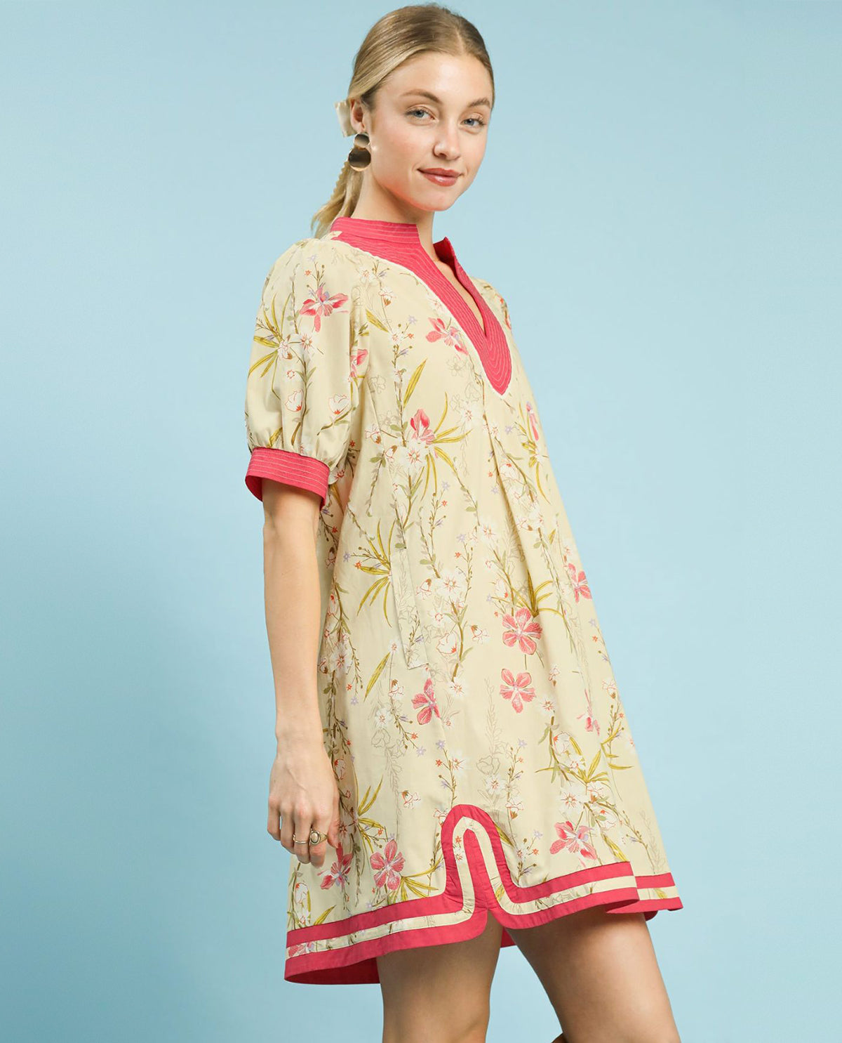 Umgee Floral Puff Sleeve Dress Yellow