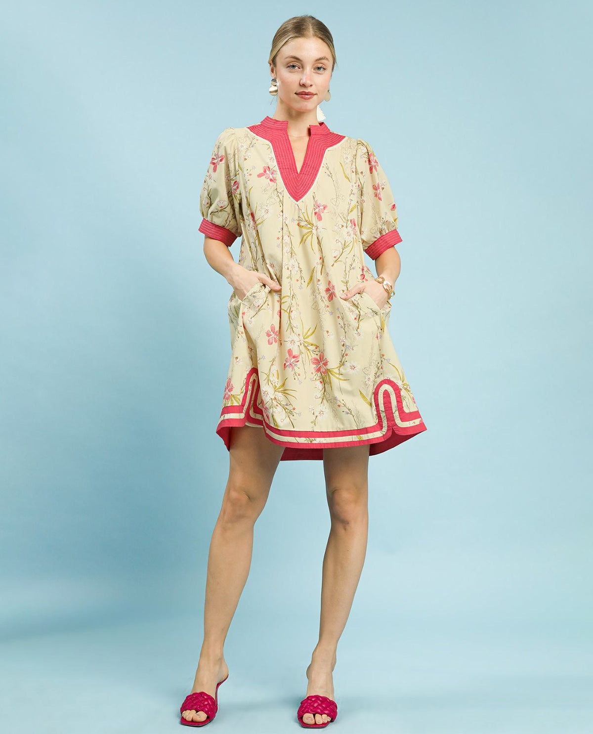 Umgee Floral Puff Sleeve Dress Yellow