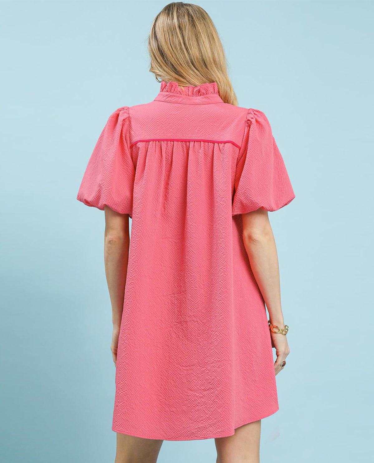 Umgee Solid Bubble Sleeve Dress Pink