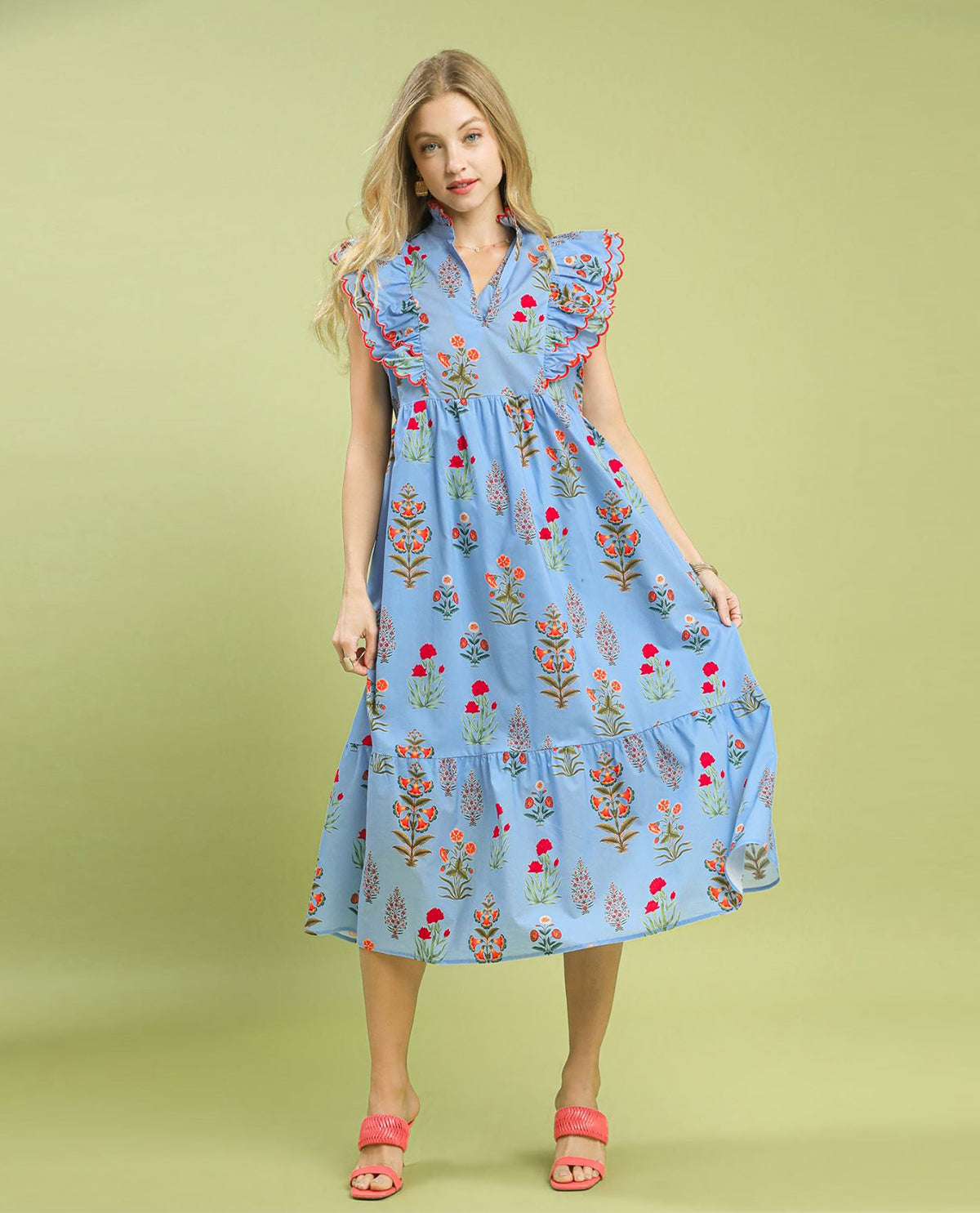 Umgee Block Floral Midi Dress Light Blue