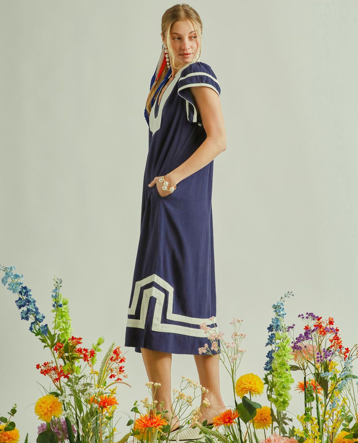 Umgee Solid Linen Dress with Contrast Trim Navy
