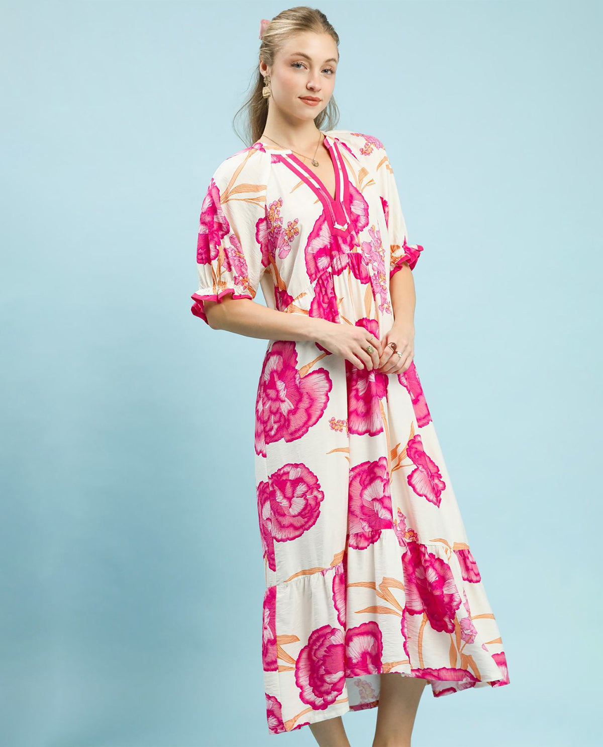Umgee Floral Print Maxi Dress Ivory/Pink