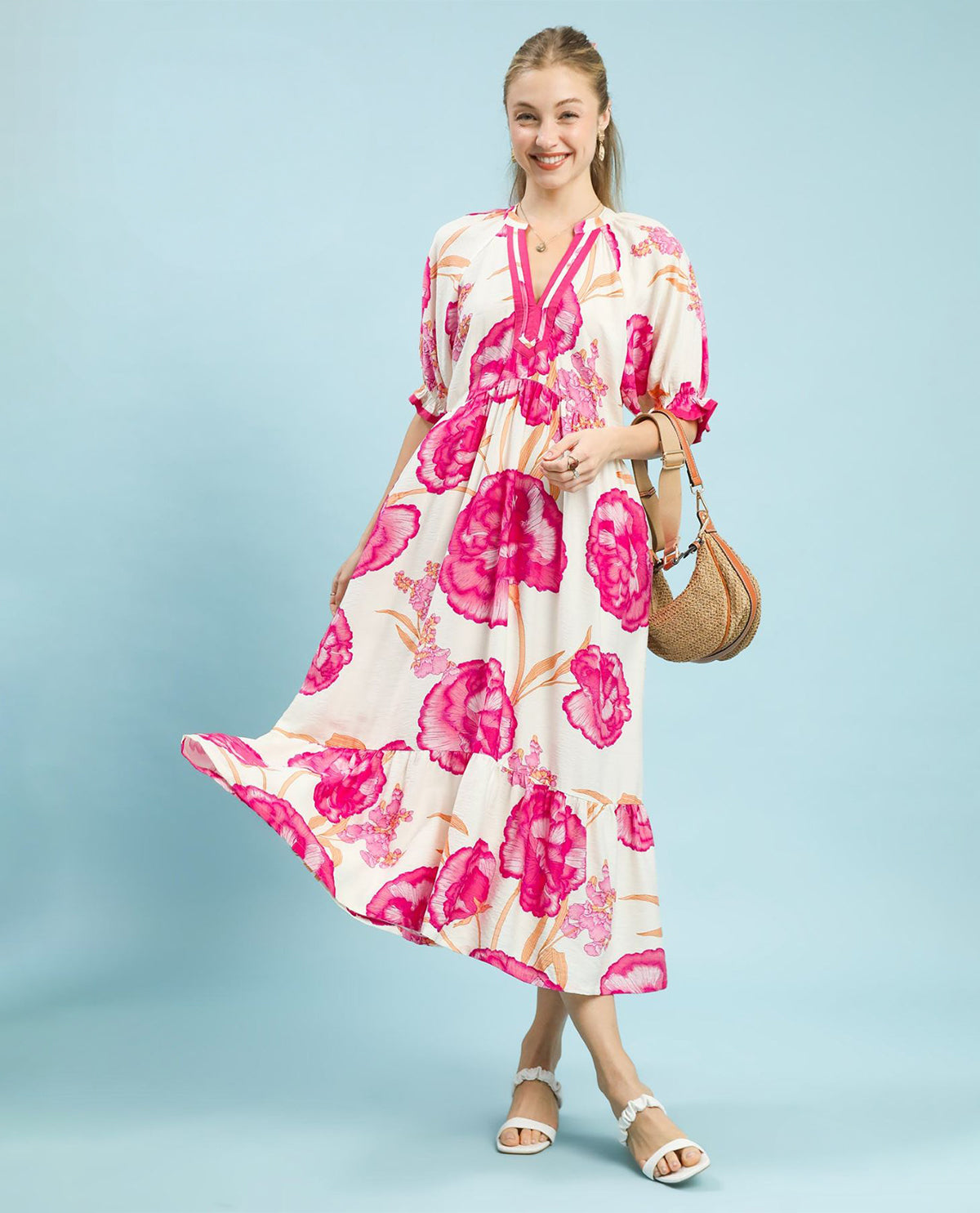 Umgee Floral Print Maxi Dress Ivory/Pink