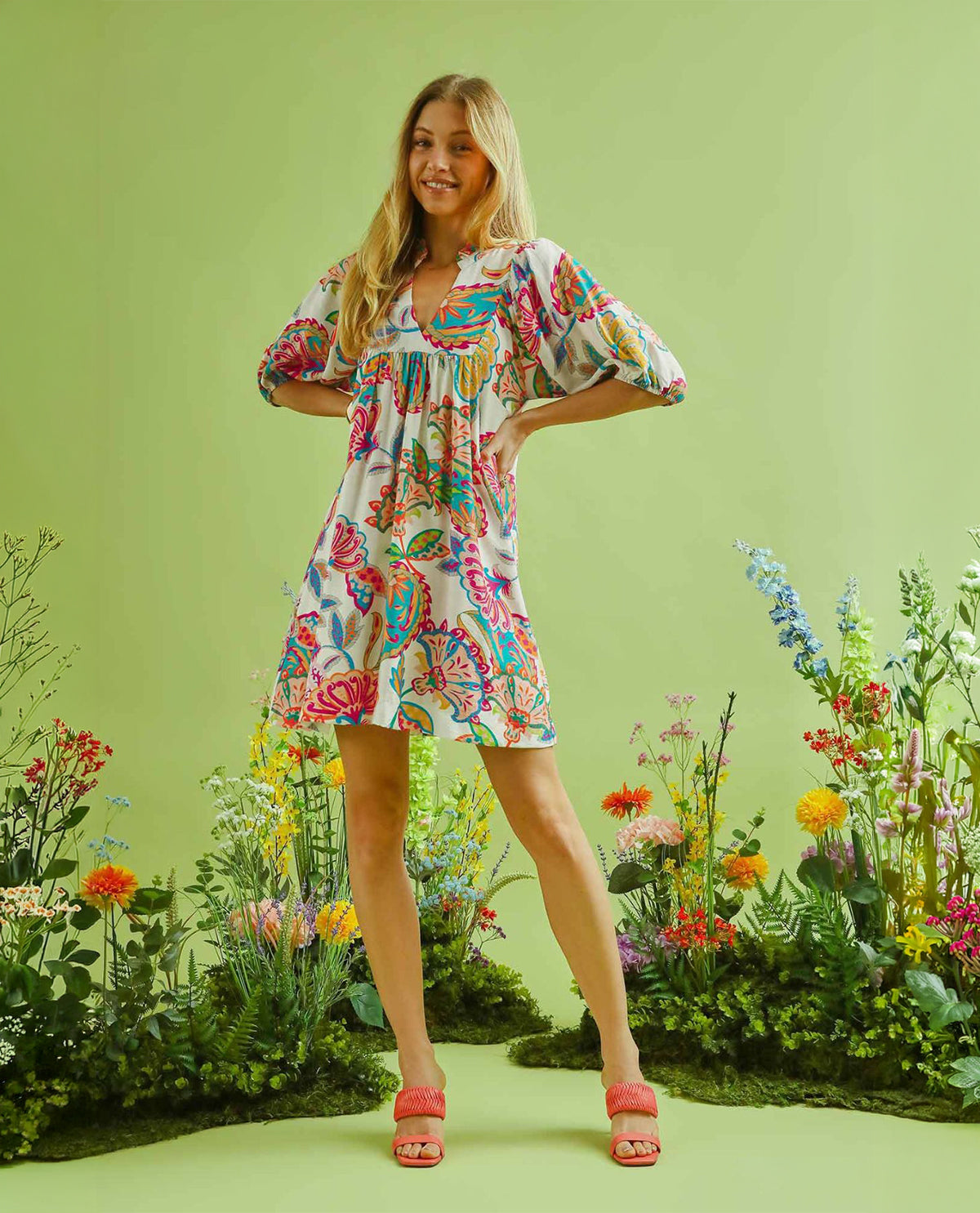 Umgee Abstract Print Puff Sleeve Babydoll Dress