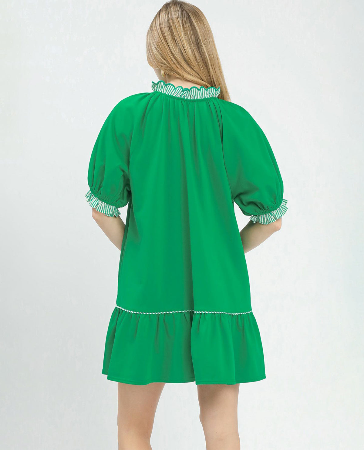 Umgee Solid Dress with Stripe Trim Green