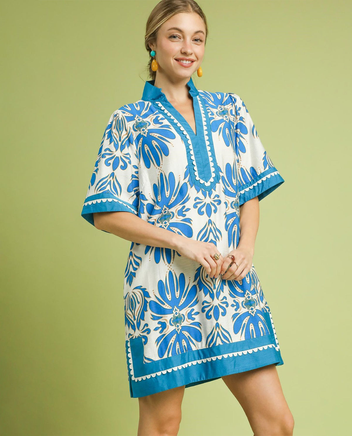 Umgee Paisley Print Dress Solid Border Trim