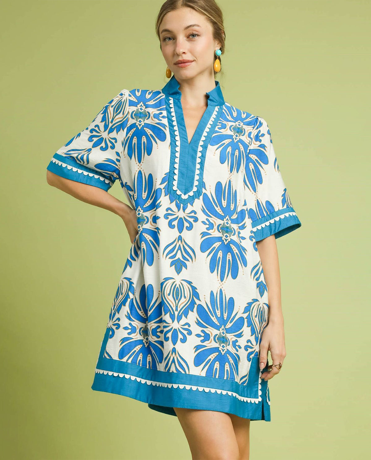 Umgee Paisley Print Dress Solid Border Trim