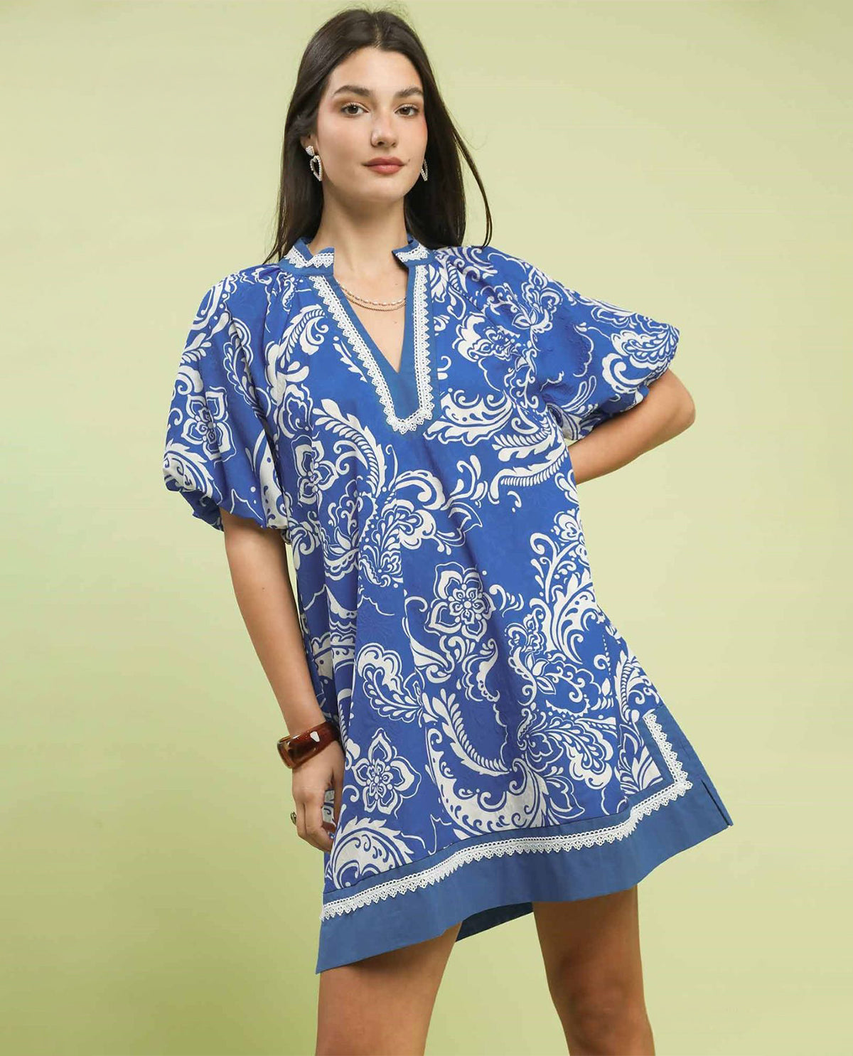 Umgee 2 Tone Print Dress Blue/Cream