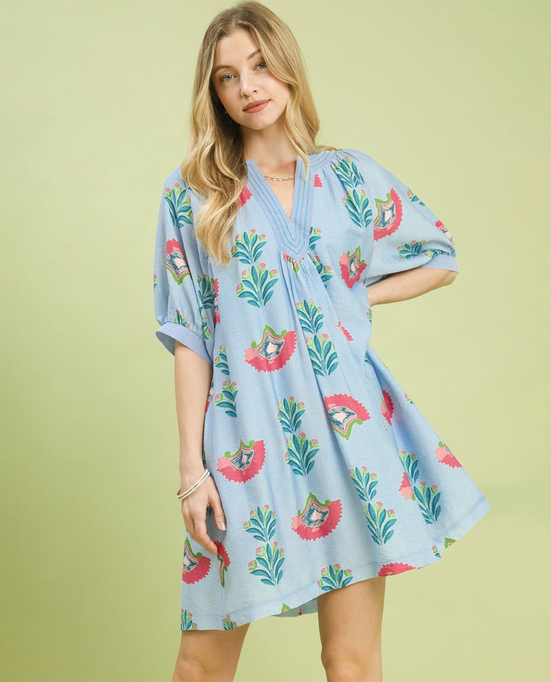 Umgee Abstract Print Mini Dress Lt Blue