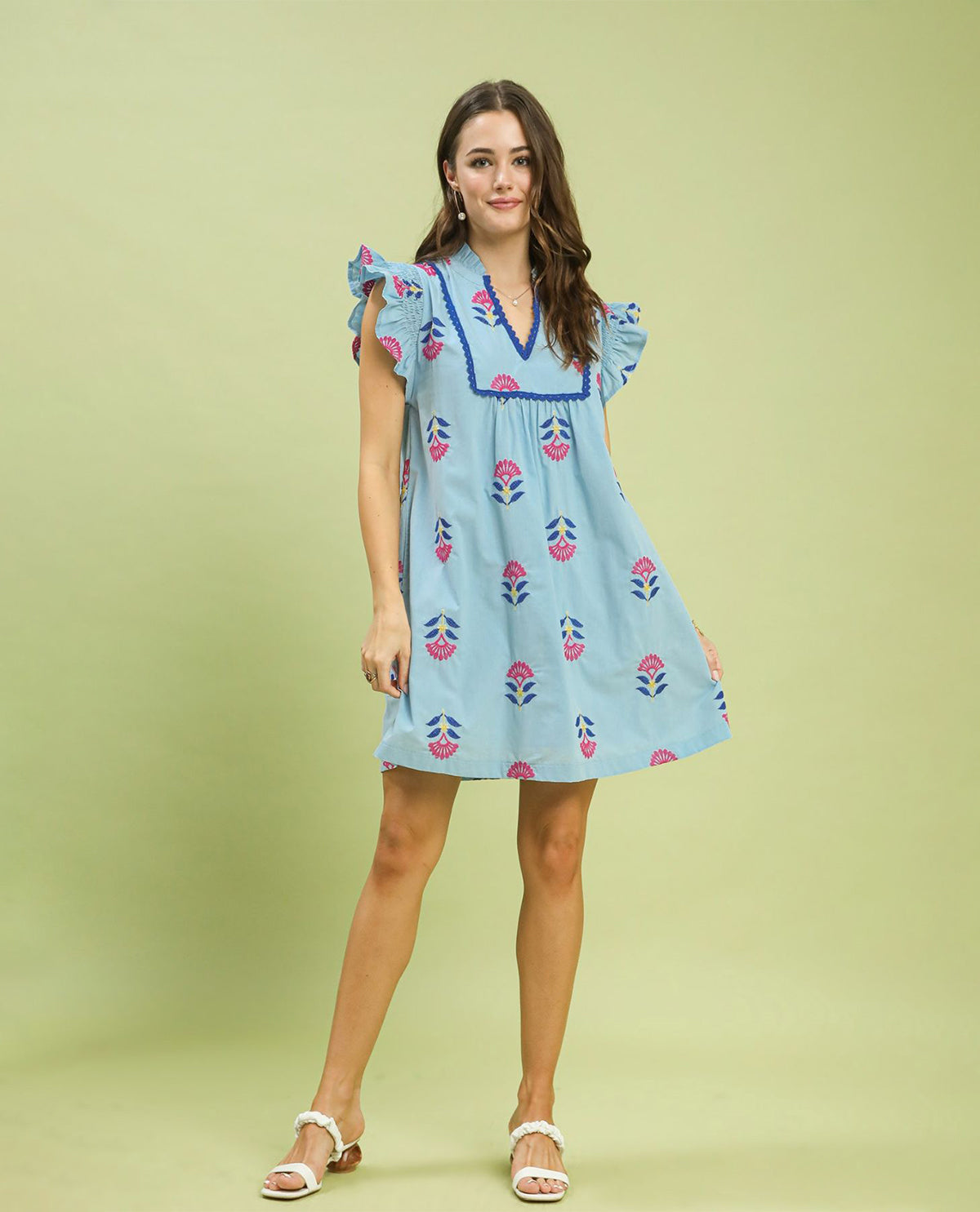 Umgee Print Embroidered Dress