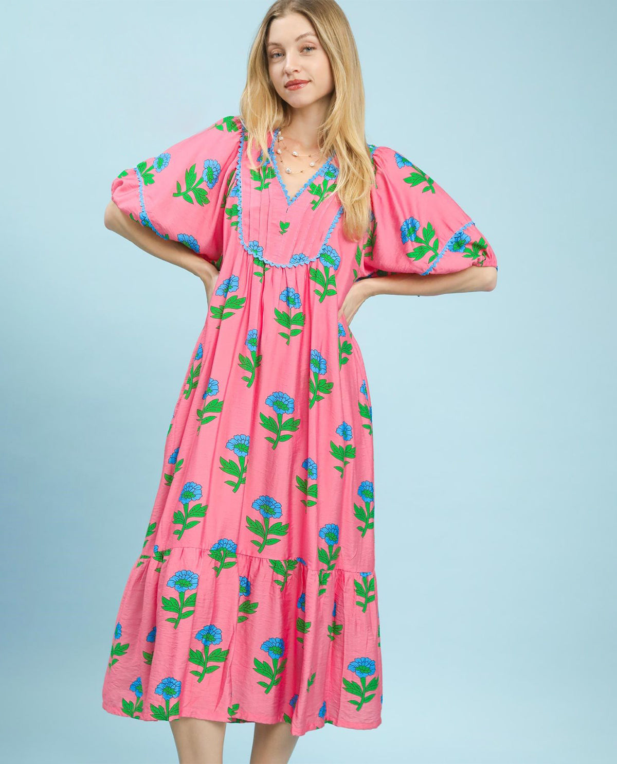 Umgee Print Vneck Long Dress Pink