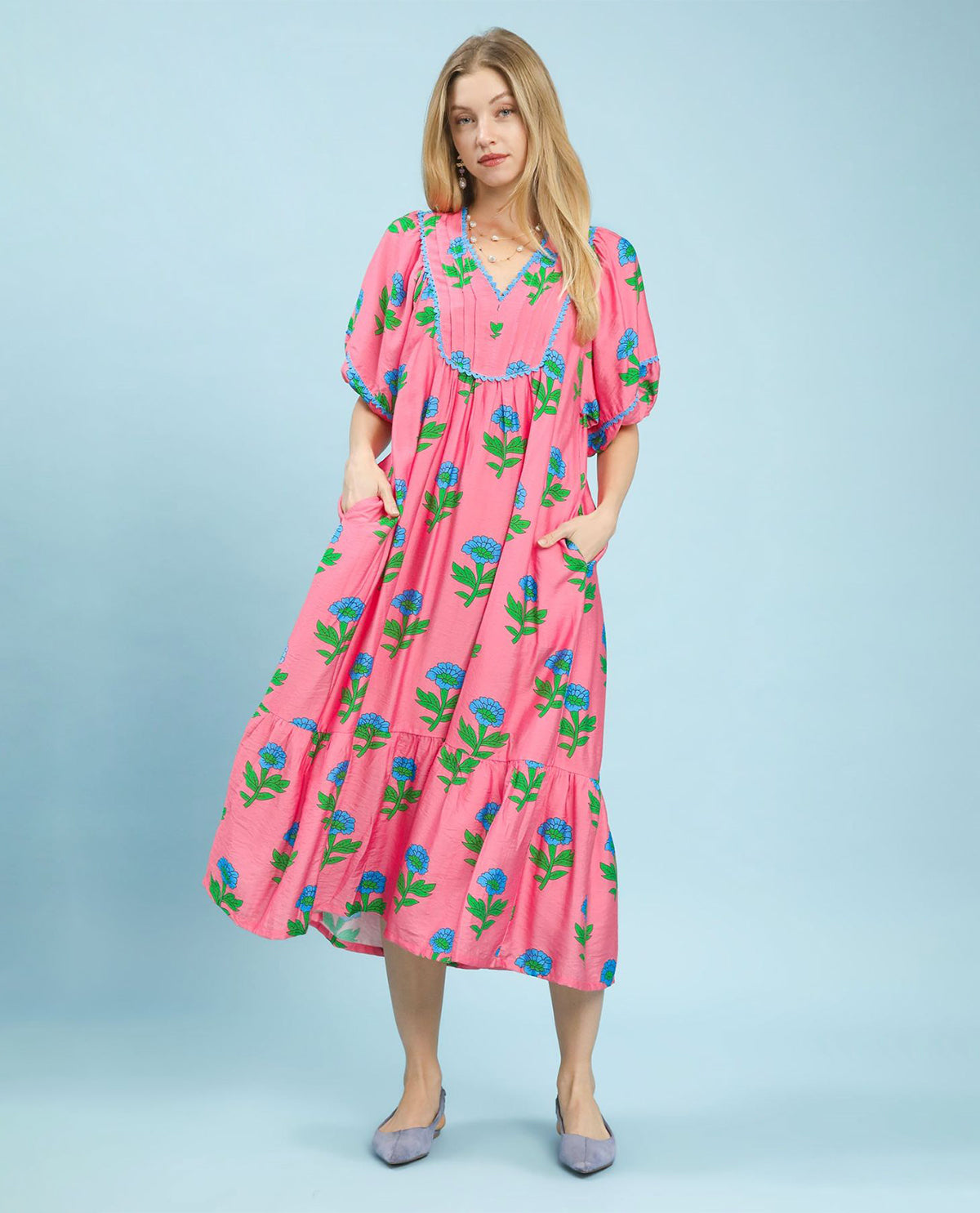 Umgee Print Vneck Long Dress Pink