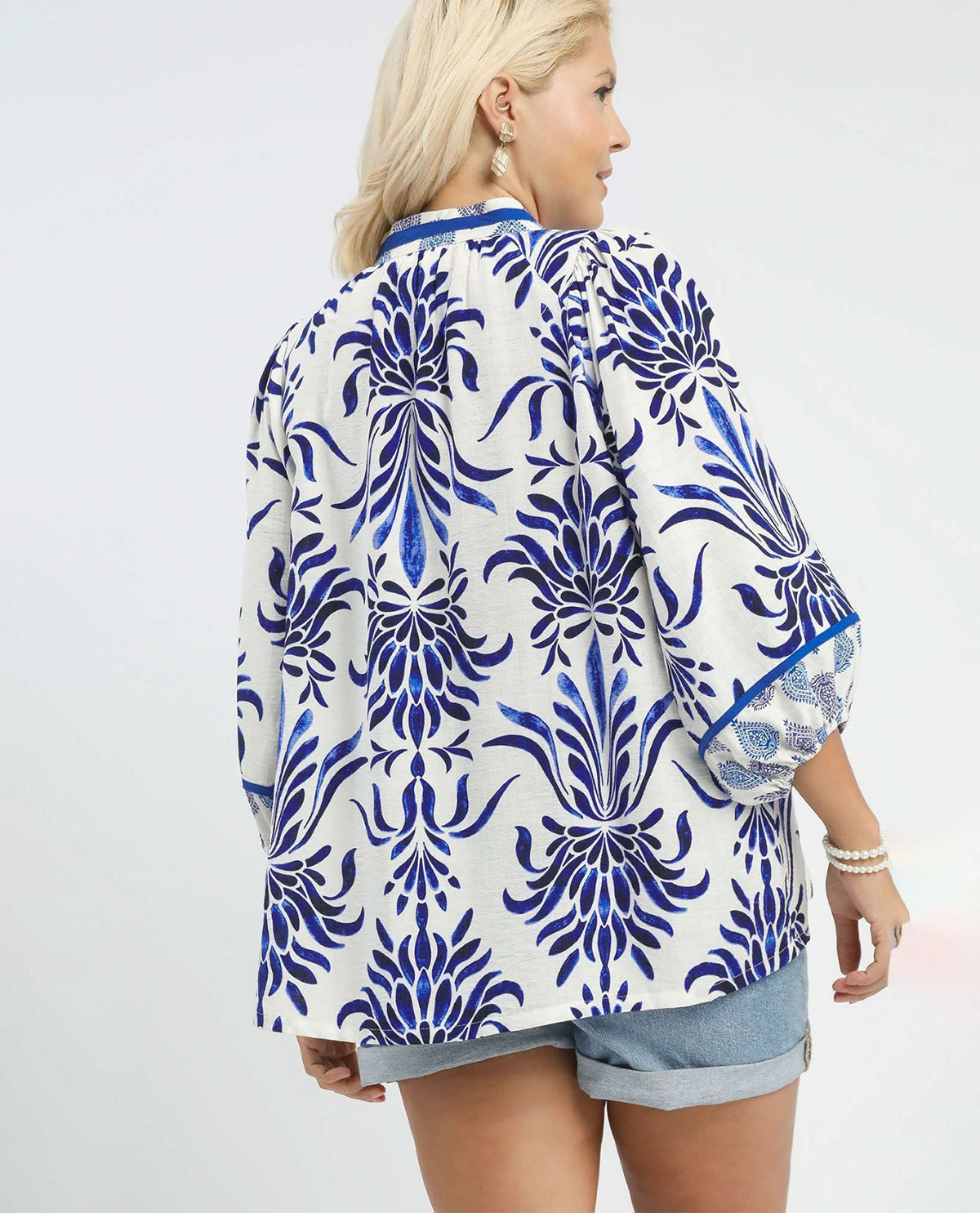 Umgee Mix Floral Print Balloon Sleeve Top Blue