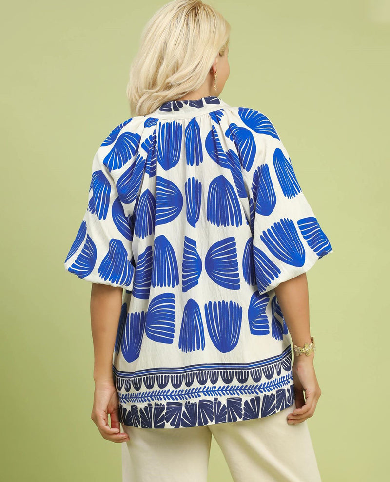 Umgee Shell Block Boarder Print V-Neck Top Blue